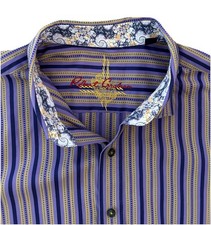 Robert Graham Shirt Mens L Striped Purple Gold Flip Cuff Collar Button Up