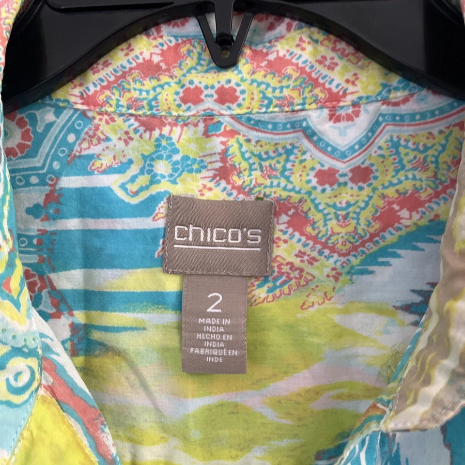 Chico's Womans Button Up Top Multicolor Geometric Large Cotton Long Sleeve - Image 3 of 4
