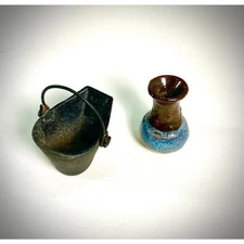 Miniature Lot, Cast Iron Coal Bucket + Rustic, glazed Stoneware Dollhouse Vase 