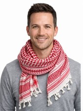 Traditional Arabic Red White Cotton Shemagh Keffiyeh Scarf W/ Tassels 46"x 45"
