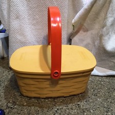 Vtg. 1988 Fisher-Price Yellow Picnic Basket, NO Food, Orange Handle