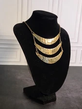 Gold Hammered Brass 3 Tier ZAD Necklace Geometric Design 21" Inch Length