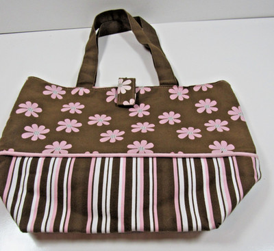 Round Apparel Trend Hand Bag Tote 14'' x 10'' Flowers Brown / Pink #PT
