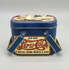 Vintage 1988 Tin Pepsi Advertisement Box W/ Handles & Lid Patina Collectible
