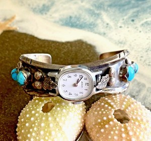 Signed Sterling Silver ML Milton Lasiloo Rare Watch Turquoise Cuff Bracelet