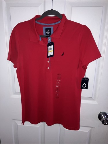 Nautica Women's Short Sleeve Button Placket Polo, Regatta Red, Medium - NWT