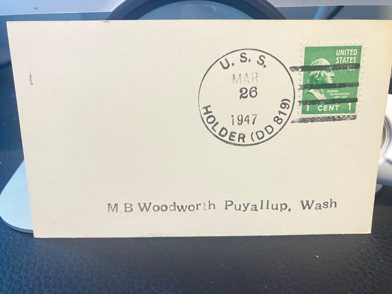 1947 ship cancel of  USS Holder DD 819 (destroyer) on index card, to Washington.