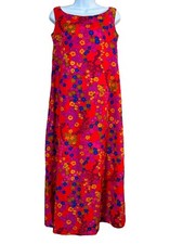 1960s Vtg Royal Hawaiian Red Orange Floral Sleeveless Shift Dress Size 6 Groovy