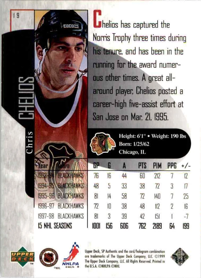 1998-99 Upper Deck SP Authentic Chris Chelios #19 - Image 2 of 2