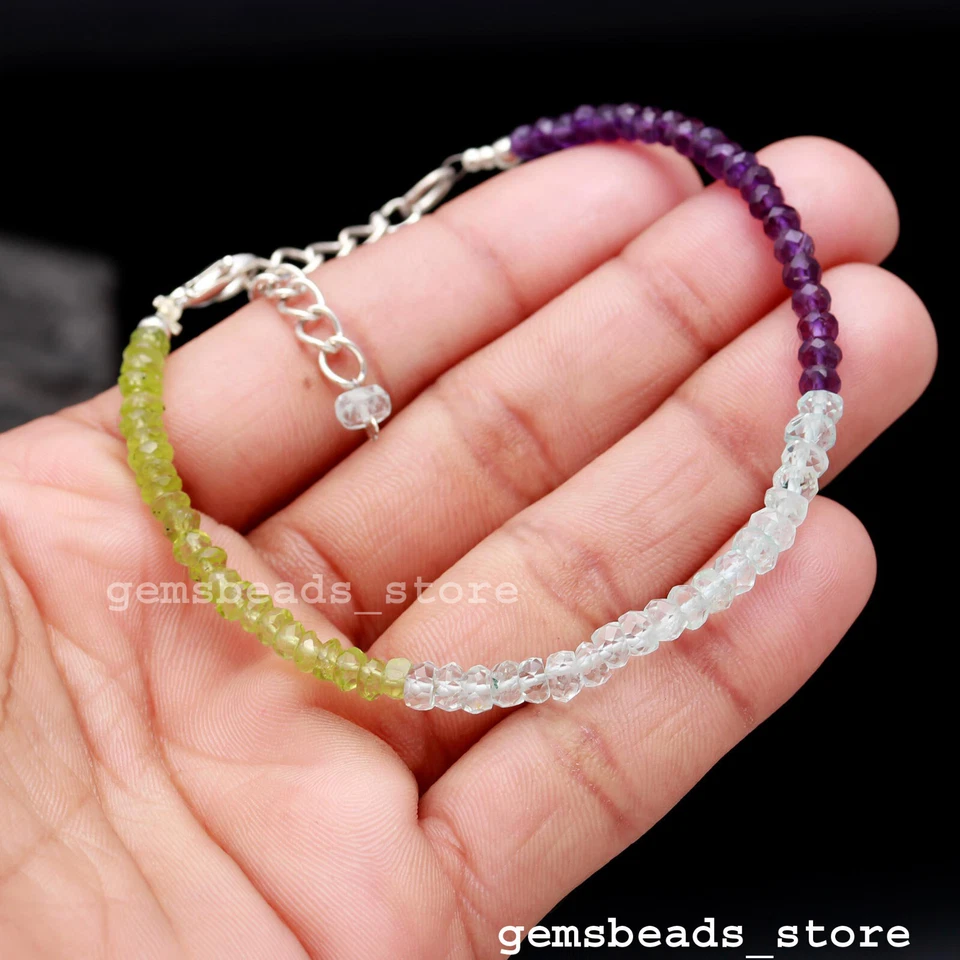 925 Sterlingsilber echter Peridot + Aquamarin + Amethyst 3-4 mm Armbänder 7 Zoll - Bild 2 von 4