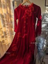 Ao Dai Nhung Đỏ Đính Kết Hoa , Cổ Xếp Ly, Tay Dài