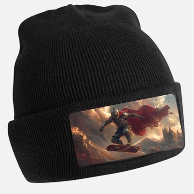 Black Beanie Hat with Cool Knight Motif - Unisex Cap, Cotton