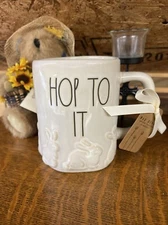 Rae Dunn Artisan Collection Pink HOP TO IT Ceramic Mug With Bunnies