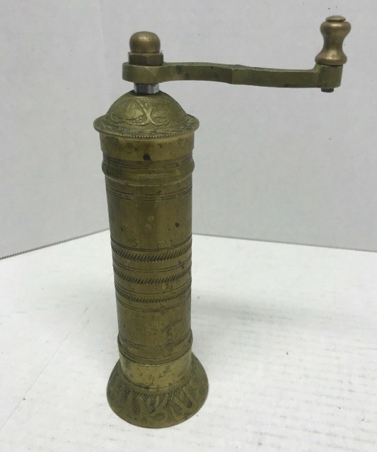 VINTAGE PEPPER MILL 7 1/4 “solid Brass Inscribed Pepper Grinder, made
