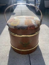 Wooden Antique Firkin Bucket Sewing Box With Cushion Gold Eagle On Front