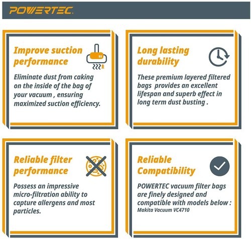 Bolsa de filtro polar POWERTEC 12 galones - Extractor de polvo al vacío Makita VC4710 75052 - Imagen 4 de 6