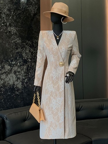 Korean Luxury V-neck Lace Jacquard Trench Coat Spring Womens Slim Formal Outwear - Picture 8 of 12