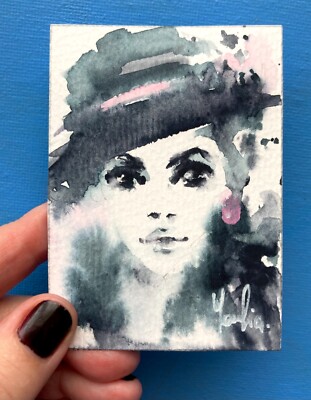Black and white Woman Portrait With a Hat Aceo Card Original Watercolor Painting