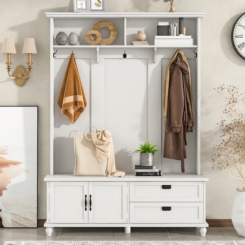 Modern Hall Tree Storage Bench with Coat Hooks and Drawers for Mudroom Entryway