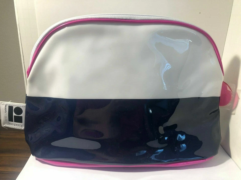 Bolso de Cosméticos Estee Lauder Lisa Perry GRANDE Viaje Blanco Azul Rosa Punto Vinilo Foto 2 de 4
