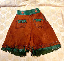Vintage 50s Child Western Cowgirl Brown Suede FRINGE Culottes Green Stars Studs