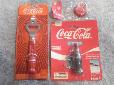 VINTAGE LOT OF 3 COCA-COLA MEMORABILIA (2 KEYCHAINS, BOTTLE/CAN OPENER COMBO)