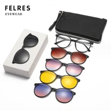 5 in 1 Women Magnetic Clip On Polarized Sunglasses Retro Oval Frame Glasses New 