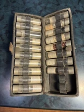 Antique Medical Case W/ 18 Glass Pill Vials Leather Case 10 1/2” X 4” 2 1/2” !!