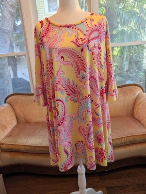 Yellow Paisley Shift Dress Bright Multicolor Three-quarter Sleeve's Lagenlook