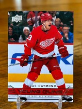 2021-22 UD Extended LUCAS RAYMOND Young Guns Retro Tribute Rookie Red Wings Card. rookie card picture