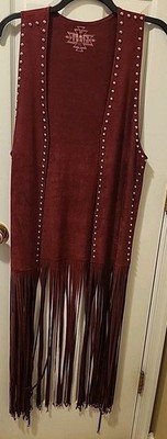 Crazy Train  BURGUNDY Faux Suede Studded Fringe Maxi Vest Boho Hippie  Western 