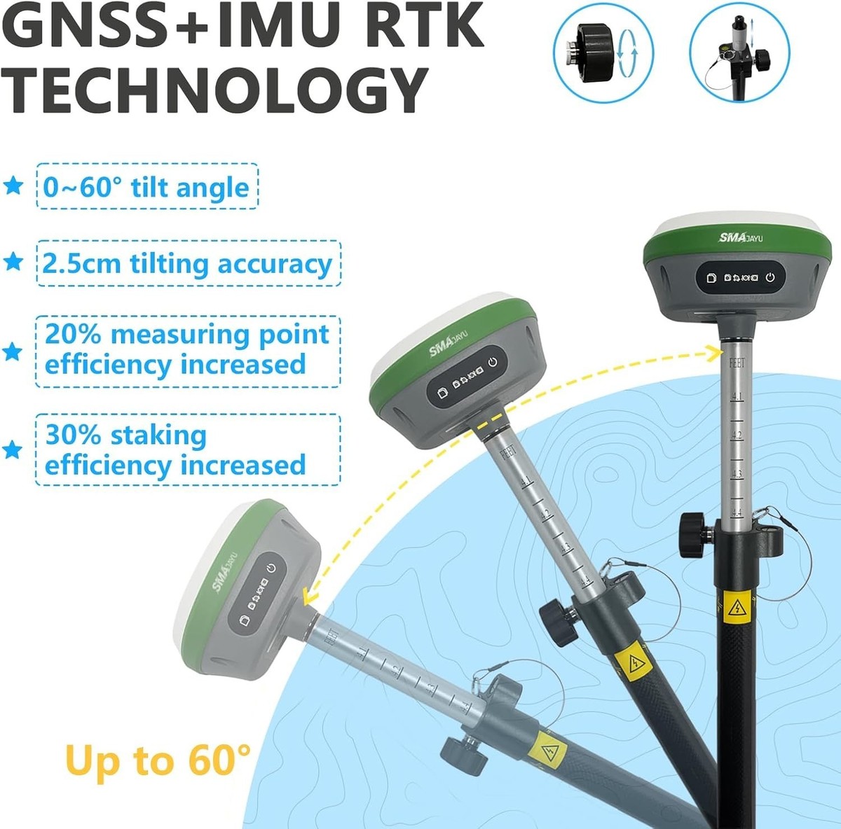 ATTREZZATURA per rilevamento GPS RTK IMU Precisione di 1 cm Distanza in chilometri tra il rover SMA26 PRO RTK e la base RTK, rilevamento con inclinazione 0-30° (include treppiede, palo tricuspide