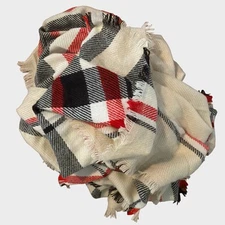 Blanket Scarf Large Square 56" x 56" Plaid Red Cream Black Fringe