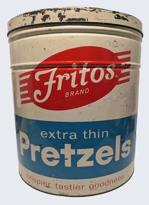Vintage Rare Fritos Extra Thin Pretzels Large Metal Tin Canister w/ Lid