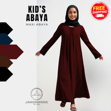 Girls Abaya Maxi Dress Plain Kids School Long Sleeve Holiday Islamic Jilbab Robe