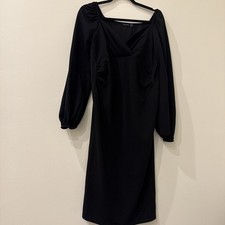 Women's Black Midi Dress Boohoo Puff Long Sleeves Square Neck Bodycon Size 8 