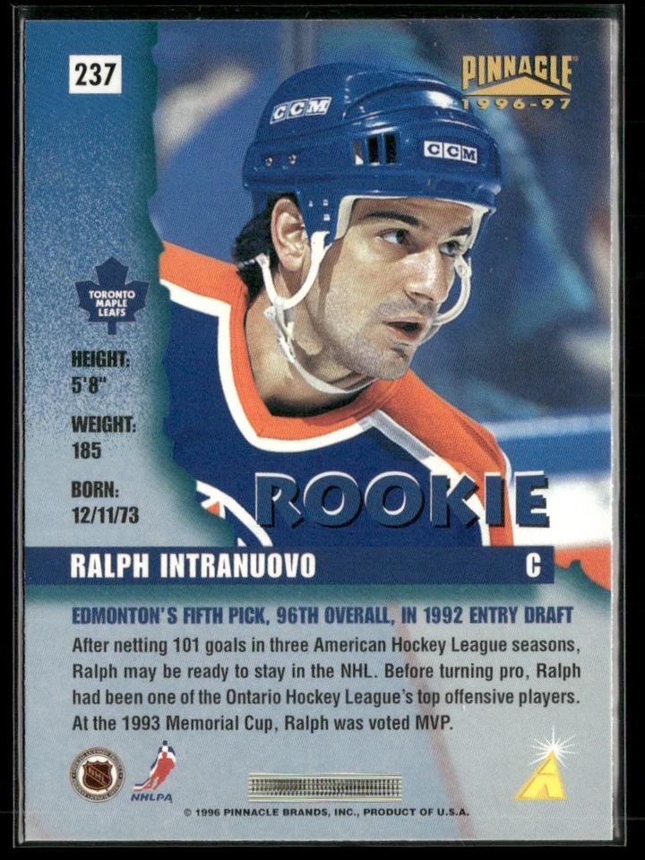 1996-97 PINNACLE RALPH INTRANUOVO TORONTO MAPLE LEAFS RC #237 - Image 2 of 3