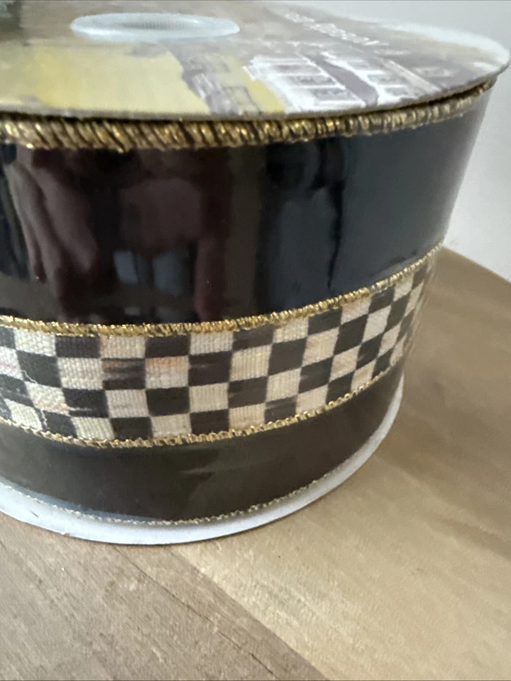 New Mackenzie Childs Tuxedo 3” Wired Ribbon Black Metallic Courtly Check- HTF - Image 2 of 3