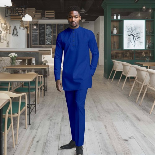 African Clothes for Men Solid Color Shirts Pants Set Casual Outwear Traditional - Picture 7 of 21
