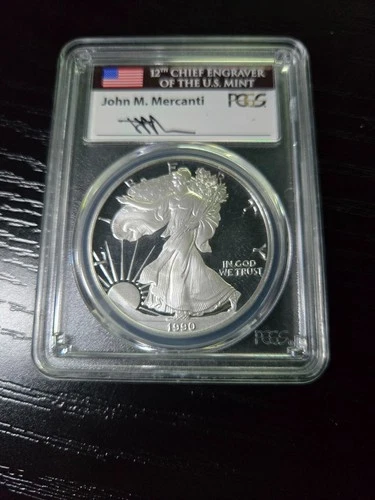 1990 S AMERICAN SILVER EAGLE MERCANTI SIGNED $1 PROOF 1 oz COIN PCGS PF 70 DCAM