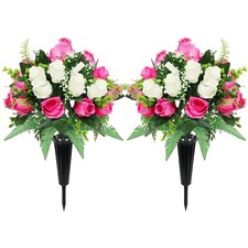 2 Sets Artificial Cemetery Flowers for Grave,Realistic Grave Flowers for Ceme...