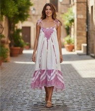 Boho White & Magenta Maxi Dress Adjustable Spaghetti Straps Striped Hem Graphic 