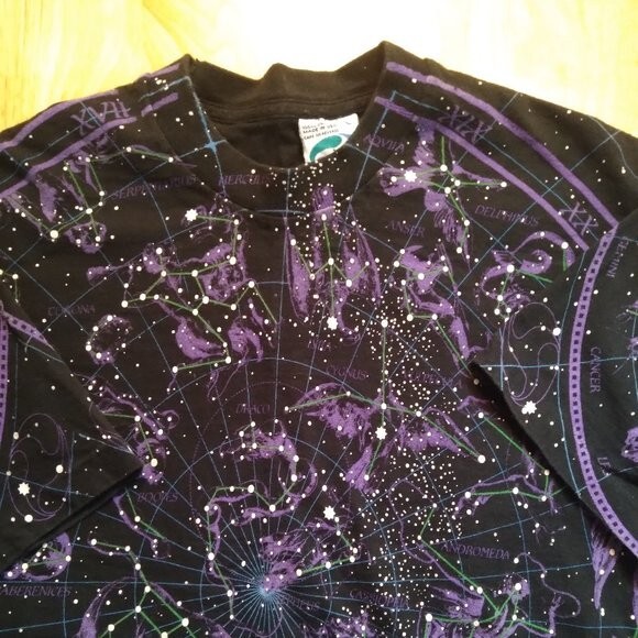 Vintage 90s Liquid Blue Constellations Zodiac Astrology AOP T