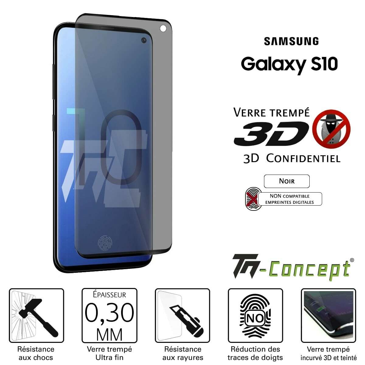 Verre trempé Samsung S10 TM-Concept Noir - Protection écran anti-espion incurvé 3D