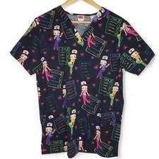 Betty Boop Scrub Top Women's Nursing Checklist Vee Neck Drop Pockets Medical S