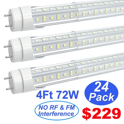 24 Pack Double Pin 4FT LED Bulbs 72W 4 Foot Led Shop Light No RF FM Interference