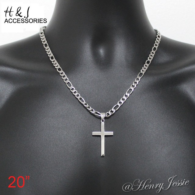 20"Stainless Steel 5mm Silver Figaro Link Chain Necklace Plain Cross