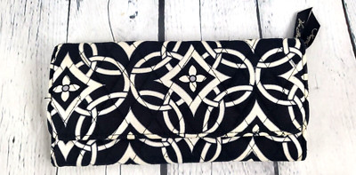 Vera Bradley Trifold Clutch Wallet Black White Diamonds ID Coin Zipper Magnetic
