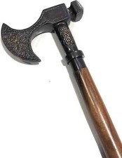 ANTIQUE BLACK BRASS AXE DESIGN HEAD HANDLE 3 FOLD WOODEN WALKING STICK CANE GIFT