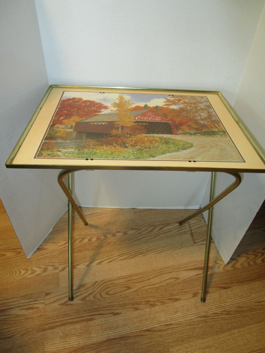 Midcentury TV trays Tables stand Coca Cola Barn Bridge Folding  1970's - Main Image